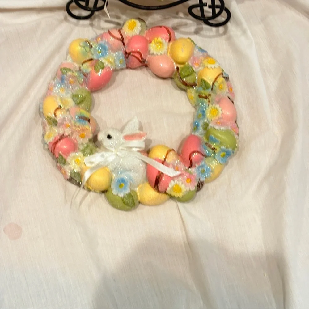 Vintage Easter Wreath Wall Decor Pair Bunny Egg Wreaths